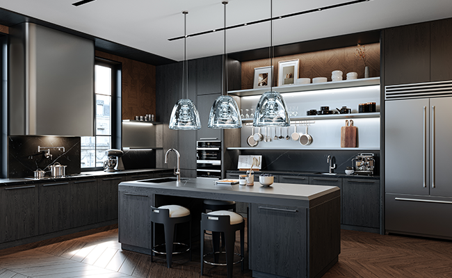 A modern kitchen with chrome plumbing fixtures, including a sink faucet, pot filler, and bar faucet.